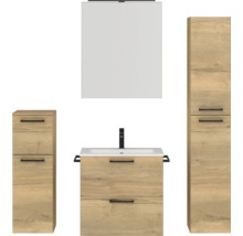Badezimmerset mit Waschbecken, Unterschrank, Spiegelschrank und Hochschrank in Holzoptik