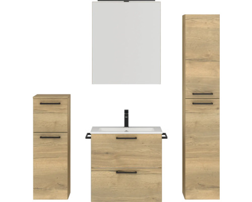 Set de meubles de salle de bains NOBILIA Programm 2 lxhxp 140 x 169,1 x 48,7 cm couleur de façade chêne naturel avec meuble à vasque et armoire de toilette à 1 porte avec éclairage LED meuble bas armoire midi poignée noir 198