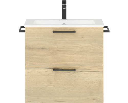 Badmöbel-Set NOBILIA Programm 2 BxHxT 61 x 59,1 x 48,7 cm Frontfarbe eiche natur mit Möbel-Waschtisch weiß Griff schwarz 166 Waschtischunterschrank mit zwei Schubladen, Waschtisch und Armatur