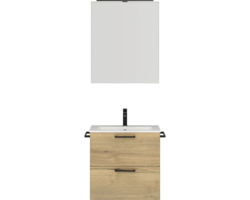 Badmöbel-Set NOBILIA Programm 2 BxHxT 61 x 169,1 x 48,7 cm Frontfarbe eiche natur mit Möbel-Waschtisch und Spiegelschrank 1-türig mit LED-Beleuchtung Griff schwarz 182