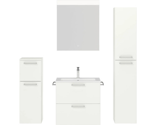 Set de meubles de salle de bains NOBILIA Programm 2 lxhxp 140 x 169,1 x 48,7 cm couleur de façade blanc mat avec meuble à vasque blanc et miroir avec éclairage LED armoire midi meuble bas poignée chrome mat 185