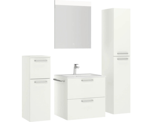 Badezimmerensemble mit Waschtischunterschrank, Spiegelschrank und Hochschränken