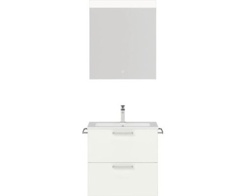 Set de meubles de salle de bains NOBILIA Programm 2 lxhxp 61 x 169,1 x 48,7 cm couleur de façade blanc mat avec meuble à vasque blanc et miroir avec éclairage LED poignée chrome mat 169