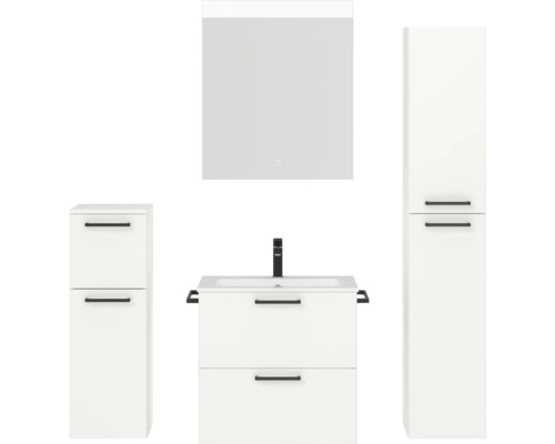 Set de meubles de salle de bains NOBILIA Programm 2 lxhxp 140 x 169,1 x 48,7 cm couleur de façade blanc mat avec meuble à vasque blanc et miroir avec éclairage LED armoire midi meuble bas poignée noir 184