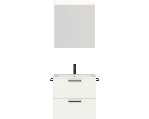 Set de meubles de salle de bains NOBILIA Programm 2 lxhxp 61 x 169,1 x 48,7 cm couleur de façade blanc mat avec meuble à vasque blanc et miroir avec éclairage LED poignée noir 168