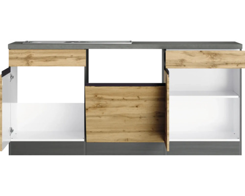 Küchenunterschrank mit offenen Türen und Regalen