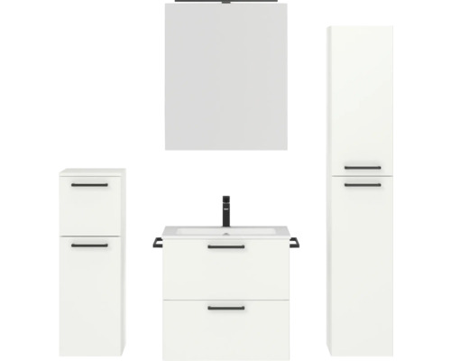 Set de meubles de salle de bains NOBILIA Programm 2 lxhxp 140 x 169,1 x 48,7 cm couleur de façade blanc mat avec meuble à vasque et armoire de toilette à 1 portes avec éclairage LED meuble bas armoire midi poignée noir 192