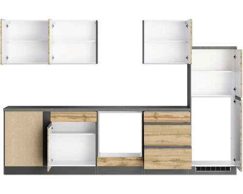 Küchenzeile mit Hängeschränken, Schubladen und Unterschränken in Holzoptik