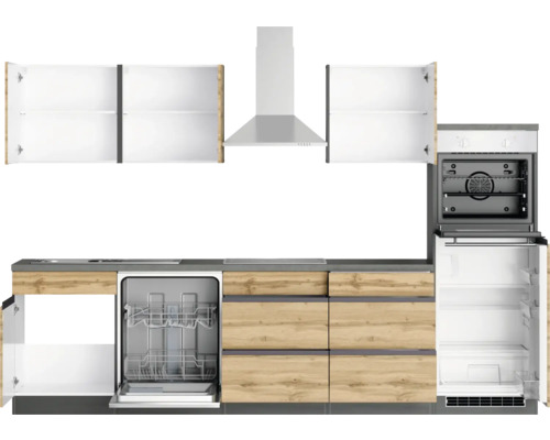Küchenzeile mit Geschirrspüler, Backofen, Kühlschrank und Dunstabzugshaube