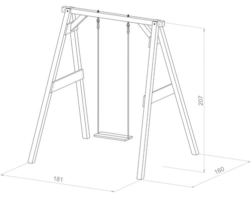 Zeichnung einer Holzschaukel mit den Maßen 207 x 181 x 160 cm.