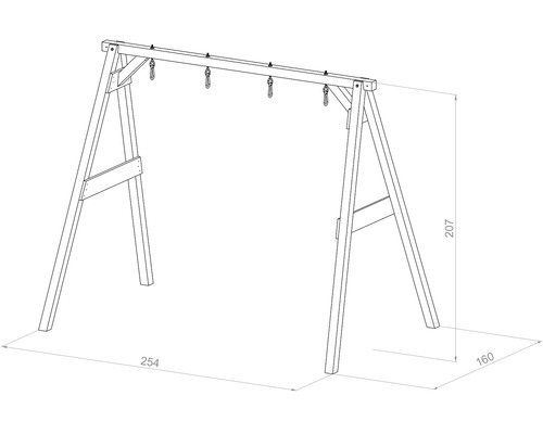 Abbildung eines Holzschaukelgestells mit Abmessungen