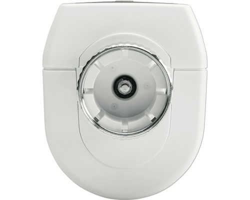 Detailansicht eines weißen Gerätes mit rundem Bedienknopf