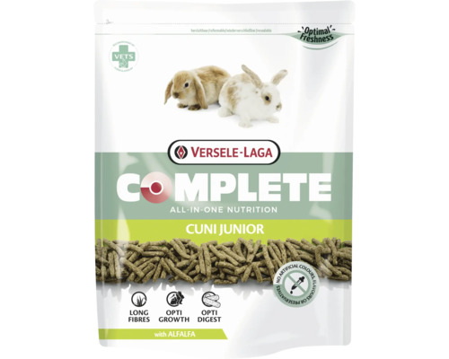 Nourriture pour rongeurs VERSELE-LAGA Complete Cuni Junior 500g nourriture 100% extrudée sans céréales. Spécialement pour les jeunes lapins jusqu'à 6 à 8 mois dans un sachet fraîcheur