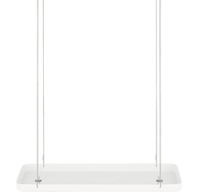 Luminaire suspendu blanc avec design rectangulaire et suspension par câble métallique.