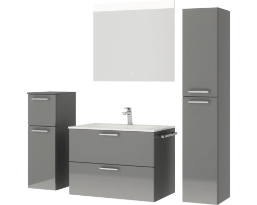 Graues Badezimmermöbelset mit Waschbecken, Spiegelschrank und Hochschränken
