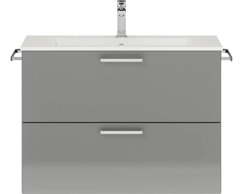Badmöbel-Set NOBILIA Programm 2 BxHxT 81 x 59,1 x 48,7 cm Frontfarbe grau hochglanz mit Möbel-Waschtisch Griff chrom matt 205 Waschtischunterschrank mit zwei Schubladen, Waschbecken und Armatur
