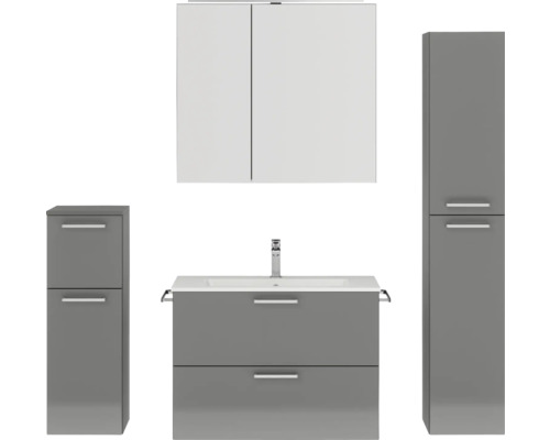 Set de meubles de salle de bains NOBILIA Programm 2 lxhxp 160 x 169,1 x 48,7 cm couleur de façade gris haute brillance avec meuble à vasque et armoire de toilette à 2 porte avec éclairage LED meuble bas armoire midi poignée chrome mat 237