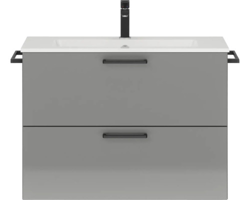 Badmöbel-Set NOBILIA Programm 2 BxHxT 81 x 59,1 x 48,7 cm Frontfarbe grau hochglanz mit Möbel-Waschtisch Griff schwarz 204