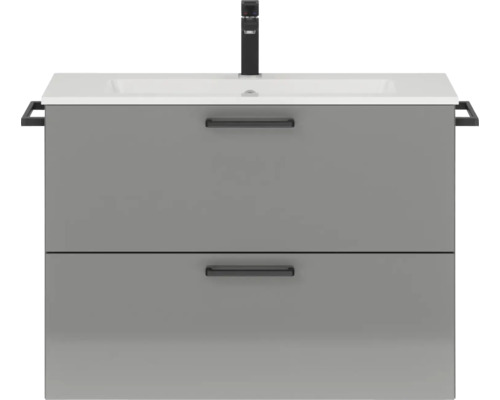 Badmöbel-Set NOBILIA Programm 2 BxHxT 81 x 59,1 x 48,7 cm Frontfarbe grau hochglanz mit Möbel-Waschtisch Griff schwarz 204 Waschtischunterschrank mit zwei Schubladen, Waschtisch und Armatur