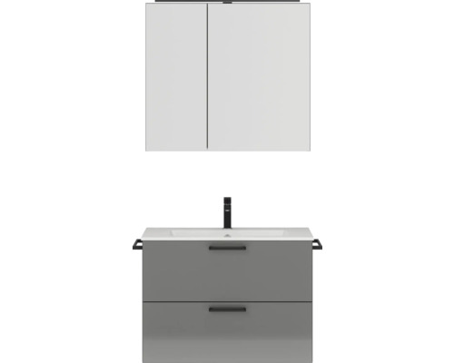 Set de meubles de salle de bains NOBILIA Programm 2 lxhxp 81 x 169,1 x 48,7 cm couleur de façade gris haute brillance avec meuble à vasque et armoire de toilette à 2 porte avec éclairage LED poignée noir 220