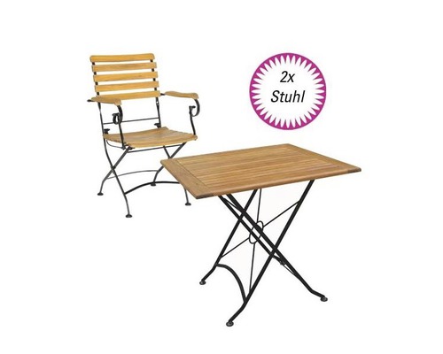 Gartenmöbel Set Lindau mit Armlehne Holz 3 teilig natur klappbar Gartentisch mit einem Gartenstuhl und dem Hinweis zwei Stühle
