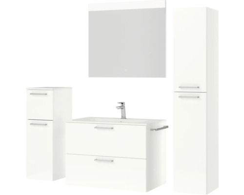 Badezimmer-Set mit Waschtisch, Unterschrank, Spiegelschrank und Hochschrank