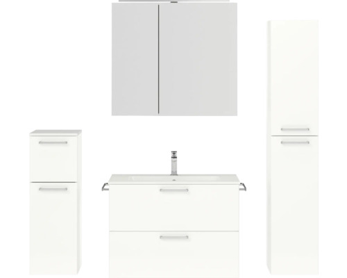 Set de meubles de salle de bains NOBILIA Programm 2 lxhxp 160 x 169,1 x 48,7 cm couleur de façade blanc haute brillance avec meuble à vasque et armoire de toilette à 2 portes avec éclairage LED meuble bas armoire midi poignée chrome mat 235