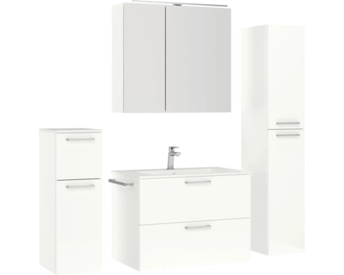Badezimmerset mit Waschtisch, Unterschrank, Spiegelschrank und Hochschrank