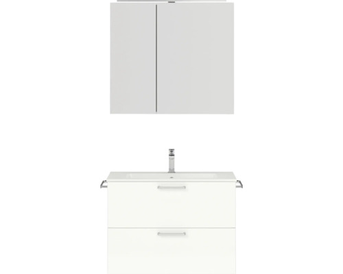 Set de meubles de salle de bains NOBILIA Programm 2 lxhxp 81 x 169,1 x 48,7 cm couleur de façade blanc haute brillance avec meuble à vasque et armoire de toilette à 2 portes avec éclairage LED poignée chrome mat 219