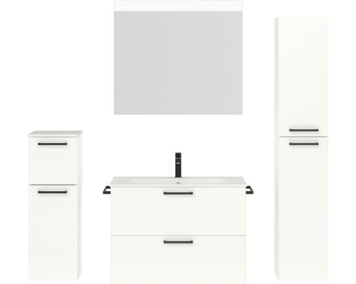 Badmöbel-Set NOBILIA Programm 2 BxHxT 160 x 169,1 x 48,7 cm Frontfarbe weiß hochglanz mit Möbel-Waschtisch und Spiegelschrank 2-türig mit LED-Beleuchtung Unterschrank Midischrank Griff schwarz