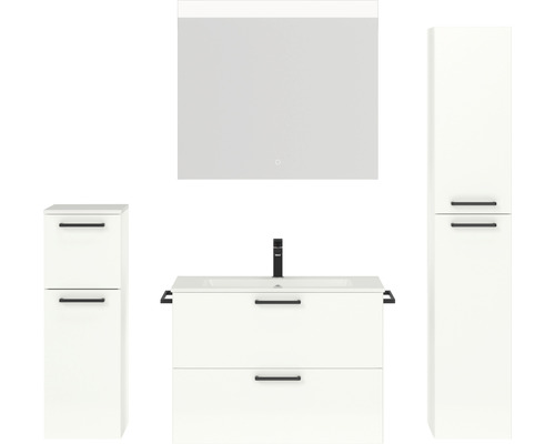 Badmöbel-Set NOBILIA Programm 2 BxHxT 160 x 169,1 x 48,7 cm Frontfarbe weiß hochglanz mit Möbel-Waschtisch und Spiegelschrank 2-türig mit LED-Beleuchtung Unterschrank Midischrank Griff schwarz Weißes Badezimmerset mit Waschtisch, Spiegelschrank und Hochschrank