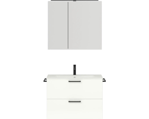 Badmöbel-Set NOBILIA Programm 2 BxHxT 81 x 169,1 x 48,7 cm Frontfarbe weiß hochglanz mit Möbel-Waschtisch und Spiegelschrank 2-türig mit LED-Beleuchtung Griff schwarz 218