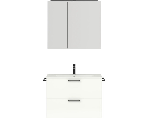 Set de meubles de salle de bains NOBILIA Programm 2 lxhxp 81 x 169,1 x 48,7 cm couleur de façade blanc haute brillance avec meuble à vasque et armoire de toilette à 2 portes avec éclairage LED poignée noir 218