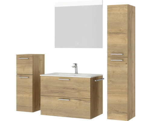 Ensemble de salle de bains avec lavabo, miroir, meuble bas et armoire haute en design bois