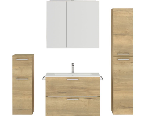 Set de meubles de salle de bains NOBILIA Programm 2 lxhxp 160 x 169,1 x 48,7 cm couleur de façade chêne naturel avec meuble à vasque et armoire de toilette à 2 portes avec éclairage LED meuble bas armoire midi poignée noir 239