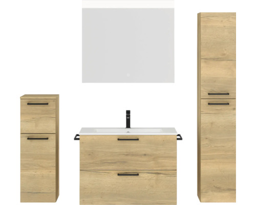 Badmöbel-Set NOBILIA Programm 2 BxHxT 160 x 169,1 x 48,7 cm Frontfarbe eiche natur mit Möbel-Waschtisch weiß und Spiegel mit LED-Beleuchtung Midischrank Unterschrank Griff schwarz 230 Badezimmerensemble mit Waschtisch, Spiegel und Hochschränken