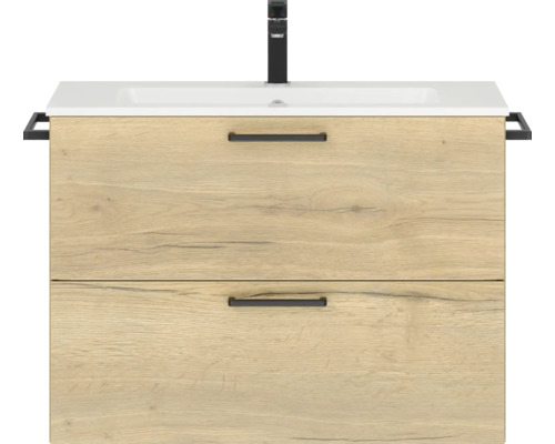 Badmöbel-Set NOBILIA Programm 2 BxHxT 81 x 59,1 x 48,7 cm Frontfarbe eiche natur mit Möbel-Waschtisch weiß Griff schwarz 206 Waschtischunterschrank mit zwei Schubladen und Waschbecken