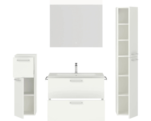 Modernes Badezimmerset mit Waschbeckenunterschrank, Spiegelschrank und Hochschrank für zusätzlichen Stauraum