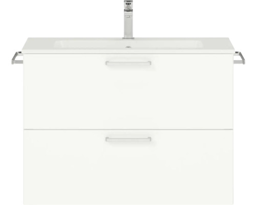 Badmöbel-Set NOBILIA Programm 2 BxHxT 81 x 59,1 x 48,7 cm Frontfarbe weiß matt mit Möbel-Waschtisch Griff chrom matt 201 Waschtischunterschrank mit zwei Schubladen, Waschtisch und Armatur