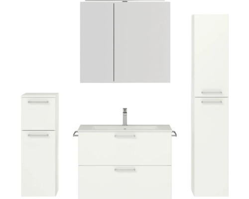 Badmöbel-Set NOBILIA Programm 2 BxHxT 160 x 169,1 x 48,7 cm Frontfarbe weiß matt mit Möbel-Waschtisch und Spiegelschrank 2-türig mit LED-Beleuchtung Unterschrank Midischrank Griff chrom matt 233 Badezimmerset mit Waschtisch, Waschbecken, Spiegelschrank und Hochschränken