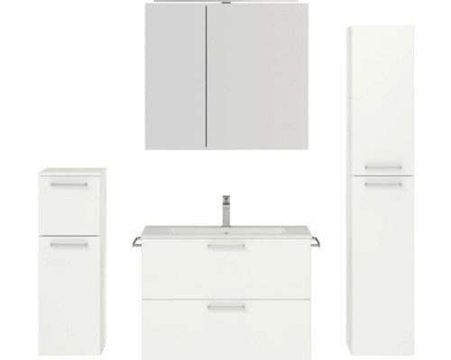 Set de meubles de salle de bains NOBILIA Programm 2 lxhxp 160 x 169,1 x 48,7 cm couleur de façade blanc mat avec meuble à vasque et armoire de toilette à 2 portes avec éclairage LED meuble bas armoire midi poignée chrome mat 233