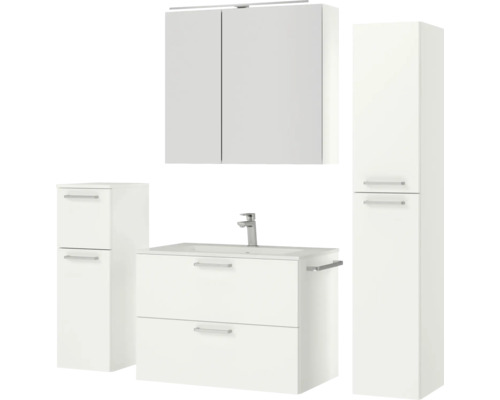 Badezimmerset mit Waschtischunterschrank, Spiegelschrank und Hochschränken