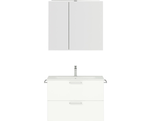 Set de meubles de salle de bains NOBILIA Programm 2 lxhxp 81 x 169,1 x 48,7 cm couleur de façade blanc mat avec meuble à vasque et armoire de toilette à 2 portes avec éclairage LED poignée chrome mat 217