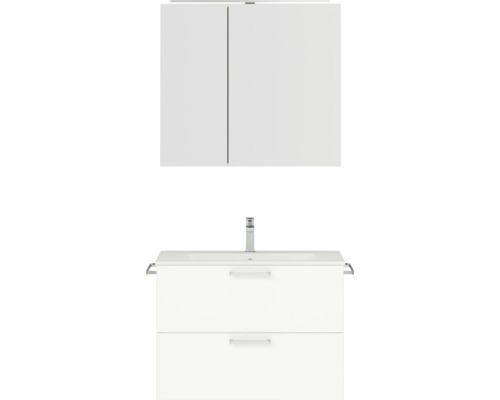 Badmöbel-Set NOBILIA Programm 2 BxHxT 81 x 169,1 x 48,7 cm Frontfarbe weiß matt mit Möbel-Waschtisch und Spiegelschrank 2-türig mit LED-Beleuchtung Griff chrom matt 217 Badezimmer Waschtisch mit zwei Schubladen und Spiegelschrank
