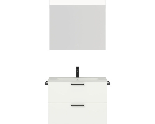 Badmöbel-Set NOBILIA Programm 2 BxHxT 81 x 169,1 x 48,7 cm Frontfarbe weiß matt mit Möbel-Waschtisch weiß und Spiegel mit LED-Beleuchtung Griff schwarz 208 Badezimmer Waschtischkombination mit Spiegel