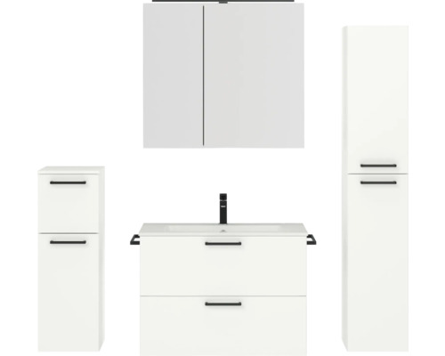 Set de meubles de salle de bains NOBILIA Programm 2 lxhxp 160 x 169,1 x 48,7 cm couleur de façade blanc mat avec meuble à vasque et armoire de toilette à 2 portes avec éclairage LED meuble bas armoire midi poignée noir