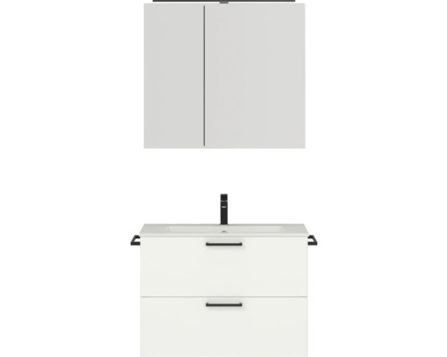 Set de meubles de salle de bains NOBILIA Programm 2 lxhxp 81 x 169,1 x 48,7 cm couleur de façade blanc mat avec meuble à vasque et armoire de toilette à 2 portes avec éclairage LED poignée noir 216