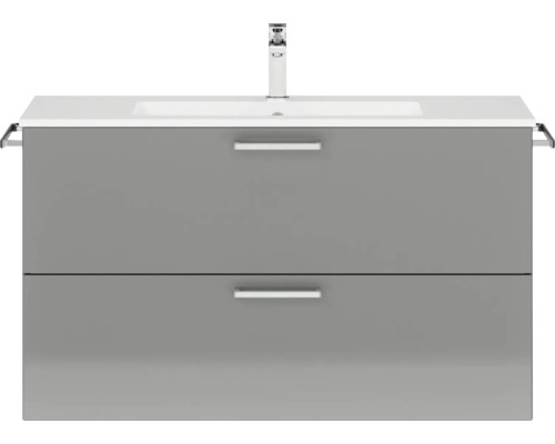 Set de meubles de salle de bains NOBILIA Programm 2 lxhxp 101 x 59,1 x 48,7 cm couleur de façade gris haute brillance avec meuble à vasque poignée chrome mat 245