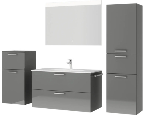 Ensemble de meubles de salle de bains avec meuble-lavabo, lavabo, armoire de toilette et armoire haute