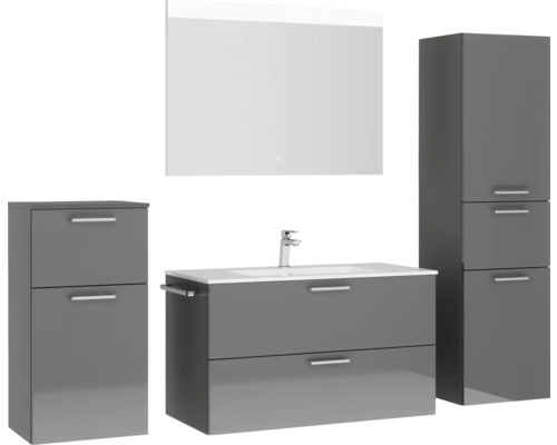 Ensemble de salle de bains avec meuble-lavabo, armoire de toilette et deux armoires hautes